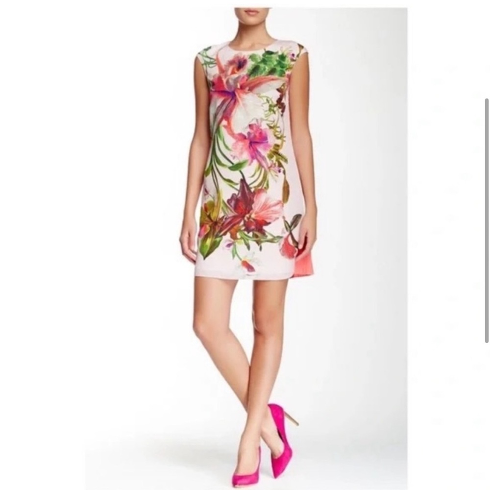Ted Baker Ramonda Pink Floral Mini Dress Tunic Dress w Orchid Print and Pleats